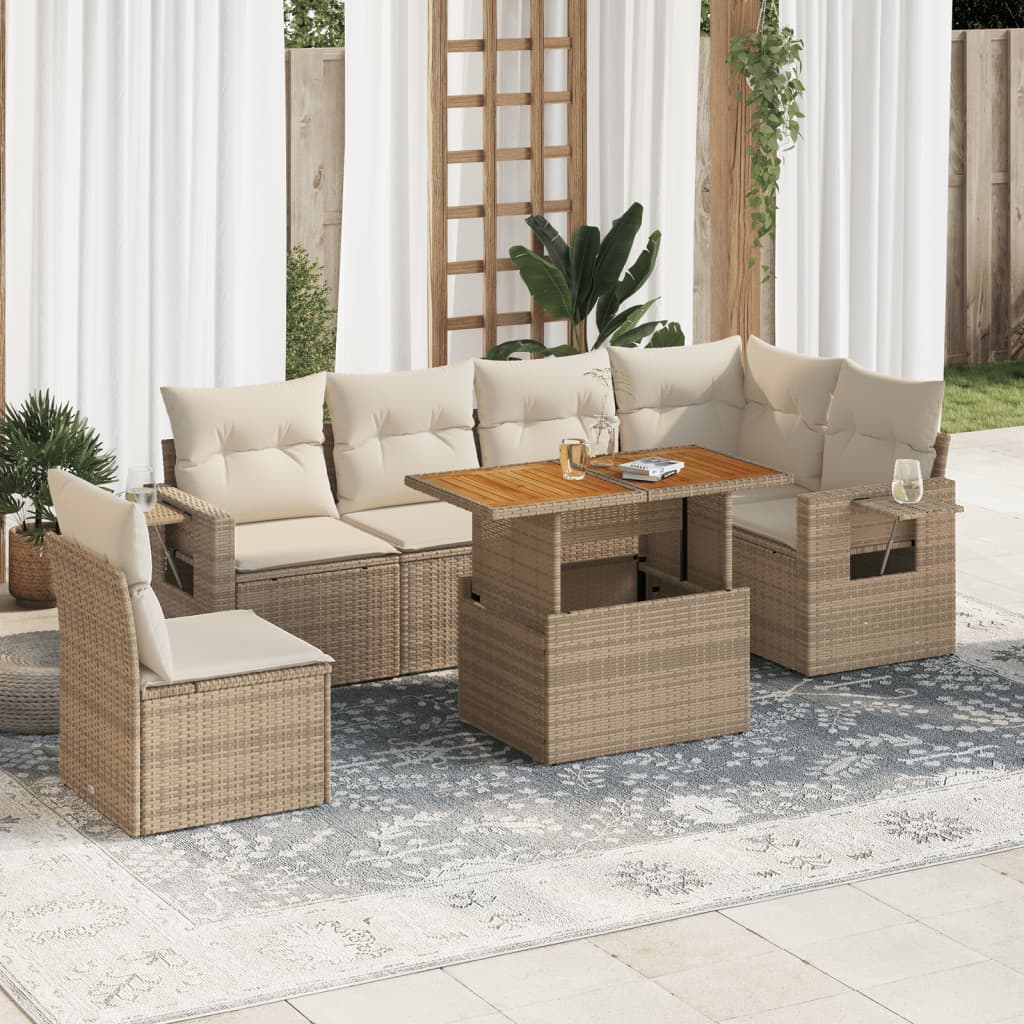 vidaXL 7-tlg. Garten-Sofagarnitur mit Kissen Beige Poly Rattan