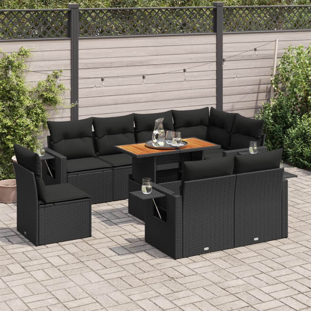 9-tlg. Garten-Sofagarnitur mit Kissen Schwarz Poly Rattan