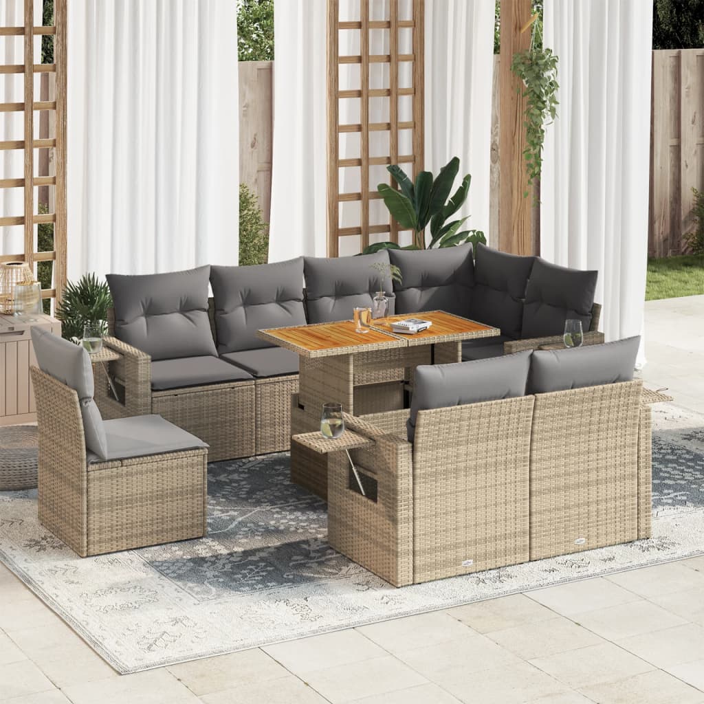 vidaXL 9-tlg. Garten-Sofagarnitur mit Kissen Beige Poly Rattan