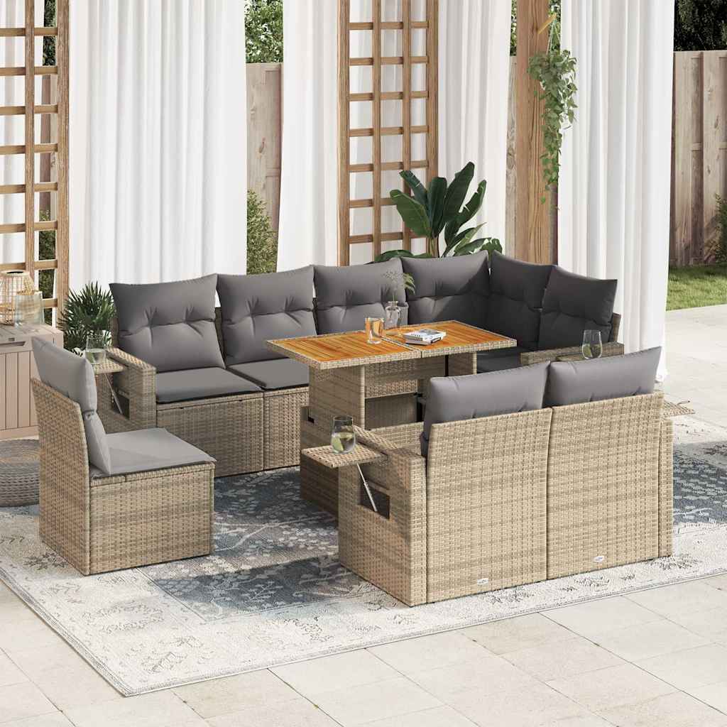 vidaXL Set canapele de grădină, 9 piese, cu perne, bej, poliratan