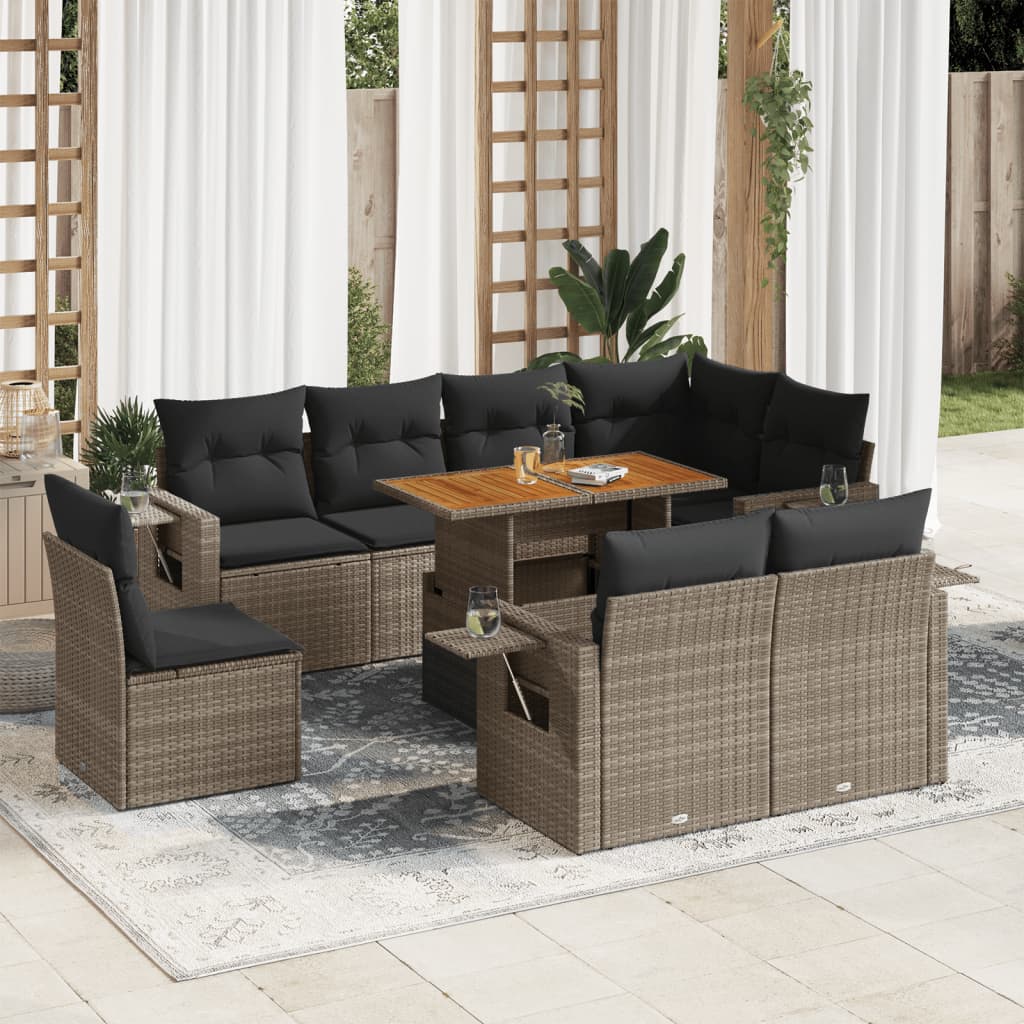 vidaXL 9-tlg. Garten-Sofagarnitur mit Kissen Grau Poly Rattan