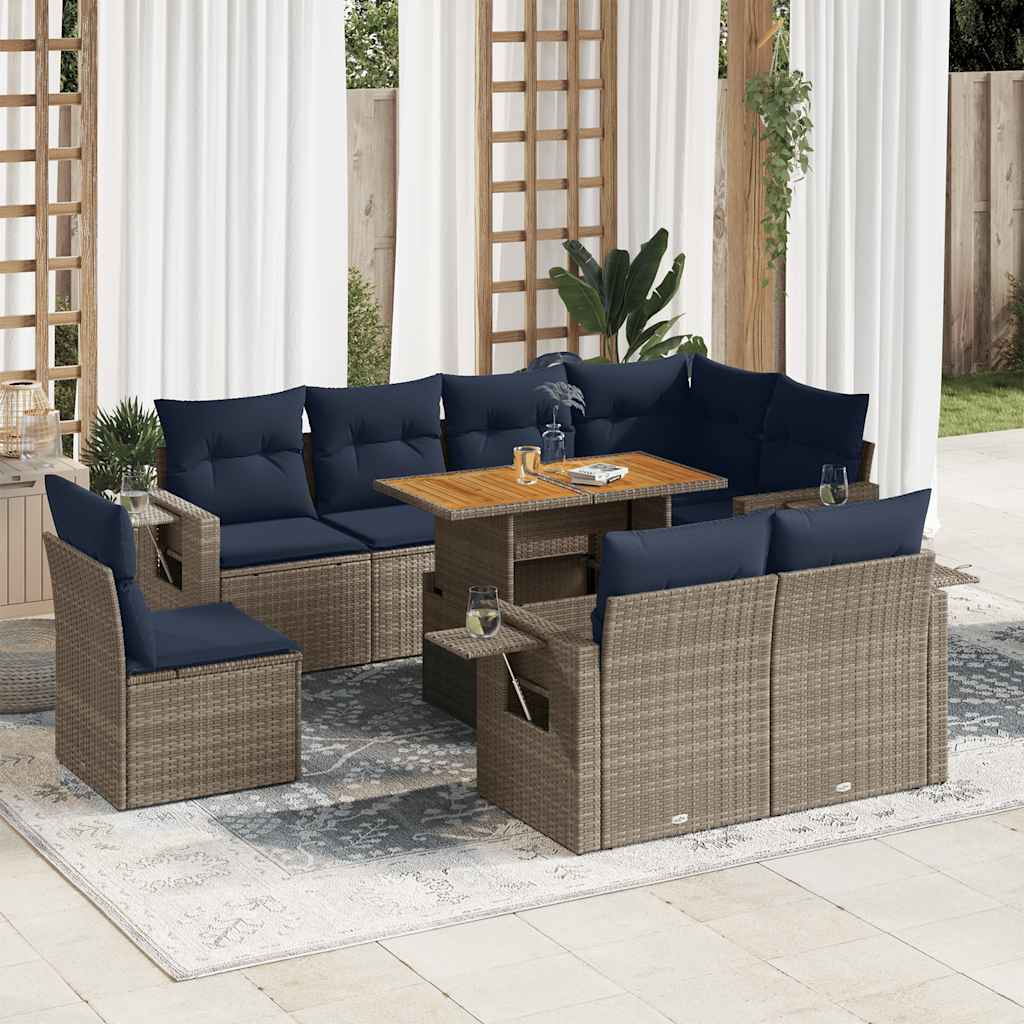 vidaXL Set canapele de grădină, 9 piese, cu perne, gri, poliratan