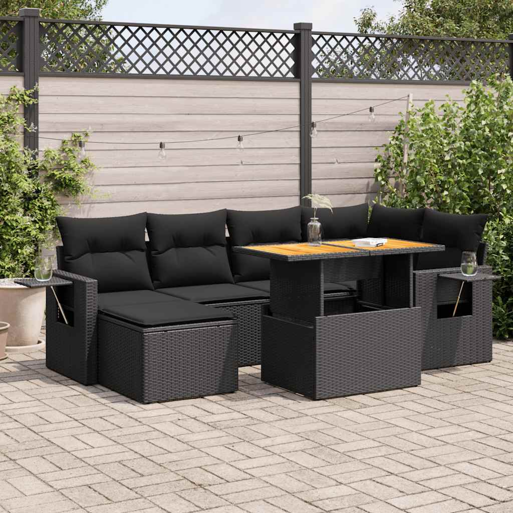 vidaXL 7-tlg. Garten-Sofagarnitur mit Kissen Schwarz Poly Rattan