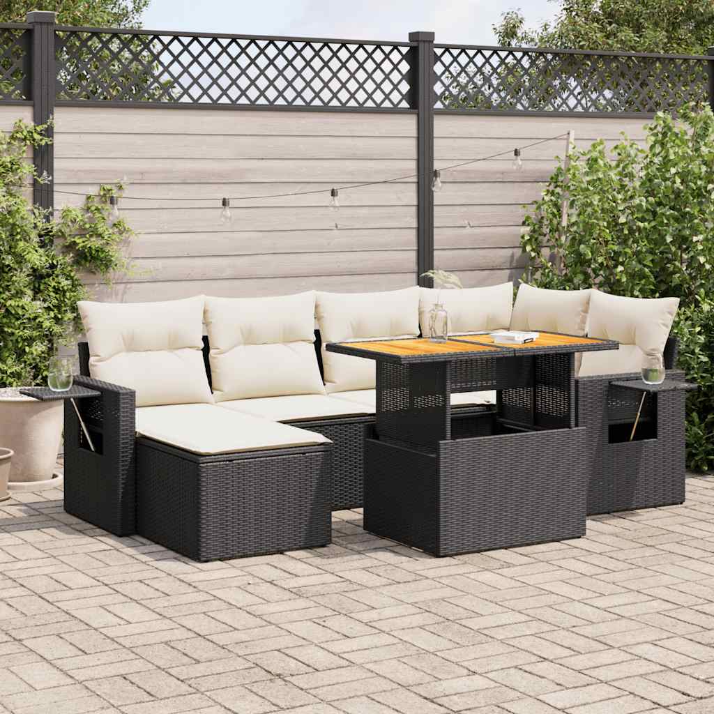 vidaXL 7-tlg. Garten-Sofagarnitur mit Kissen Schwarz Poly Rattan