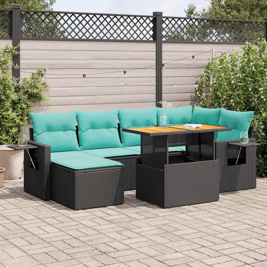 vidaXL 7-tlg. Garten-Sofagarnitur mit Kissen Schwarz Poly Rattan