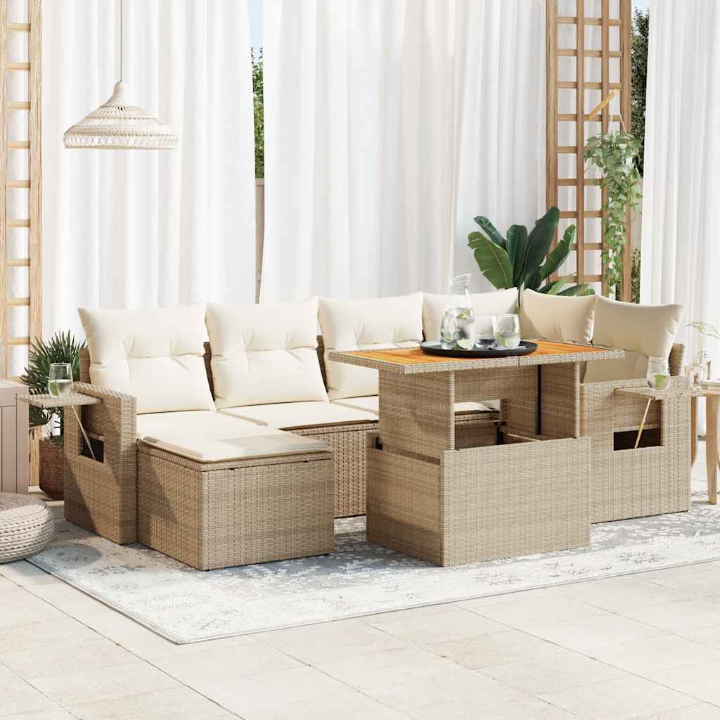 vidaXL 7-tlg. Garten-Sofagarnitur mit Kissen Beige Poly Rattan