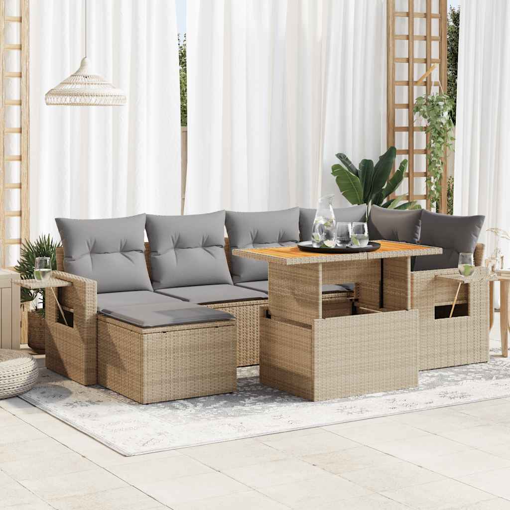 vidaXL 7-tlg. Garten-Sofagarnitur mit Kissen Beige Poly Rattan