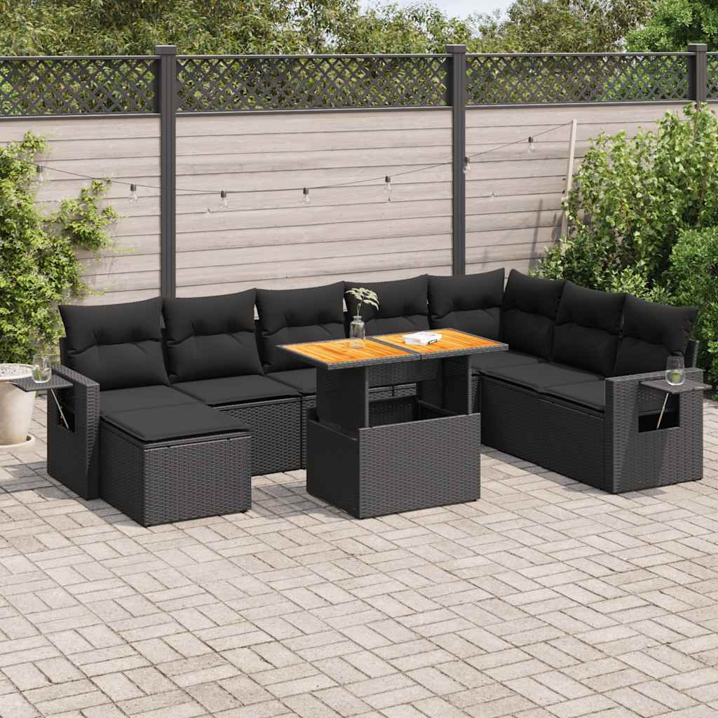 vidaXL 9-tlg. Garten-Sofagarnitur mit Kissen Schwarz Poly Rattan