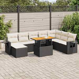 Vrtna sedežna garnitura 9-delna z blazinami črn poli ratan