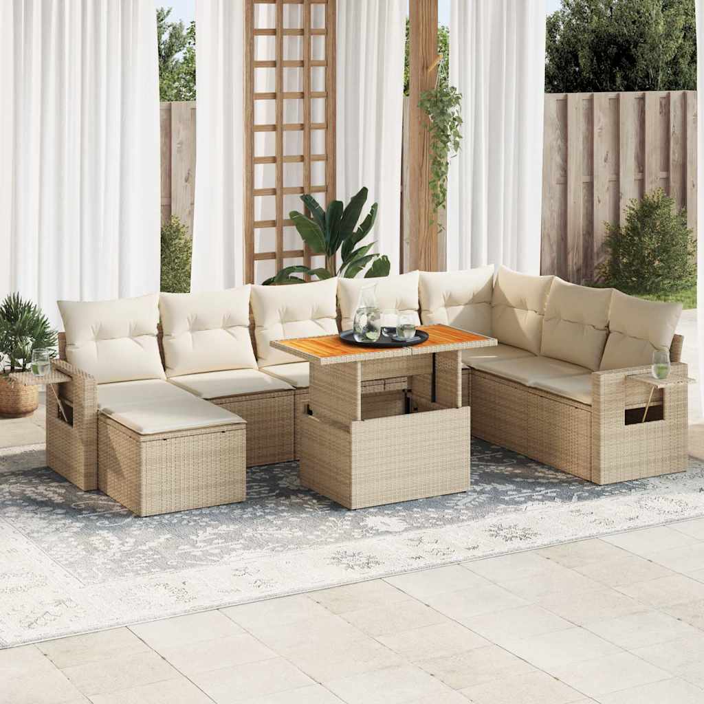 vidaXL 9-tlg. Garten-Sofagarnitur mit Kissen Beige Poly Rattan