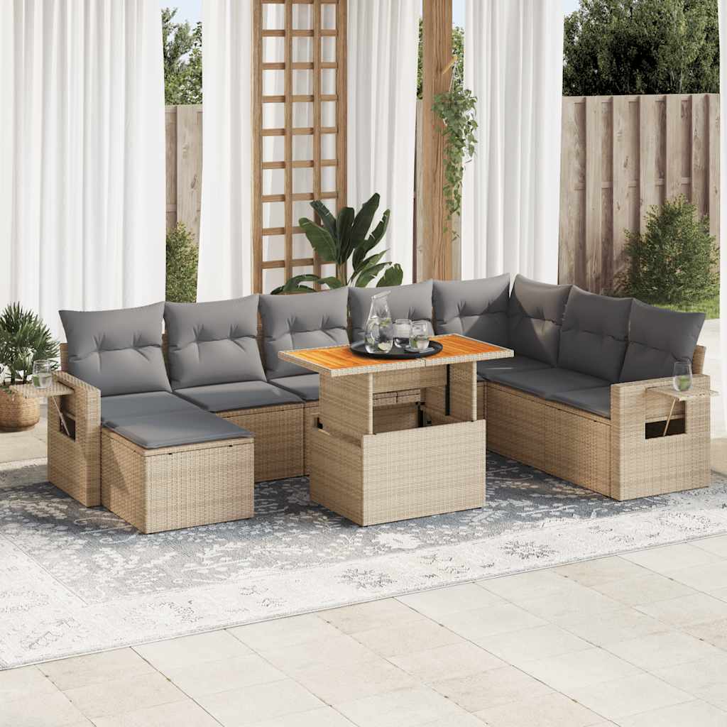 vidaXL 9-tlg. Garten-Sofagarnitur mit Kissen Beige Poly Rattan