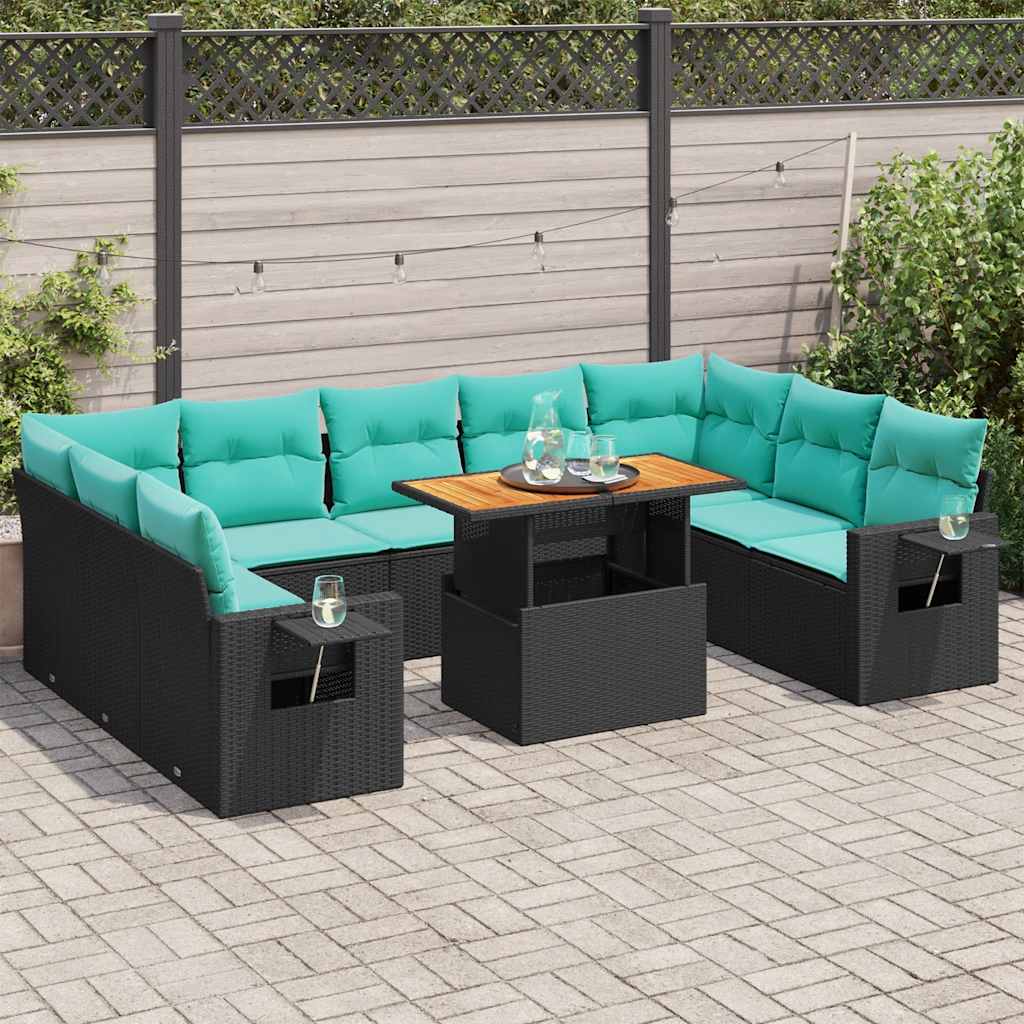 vidaXL 10-tlg. Garten-Sofagarnitur mit Kissen Schwarz Poly Rattan