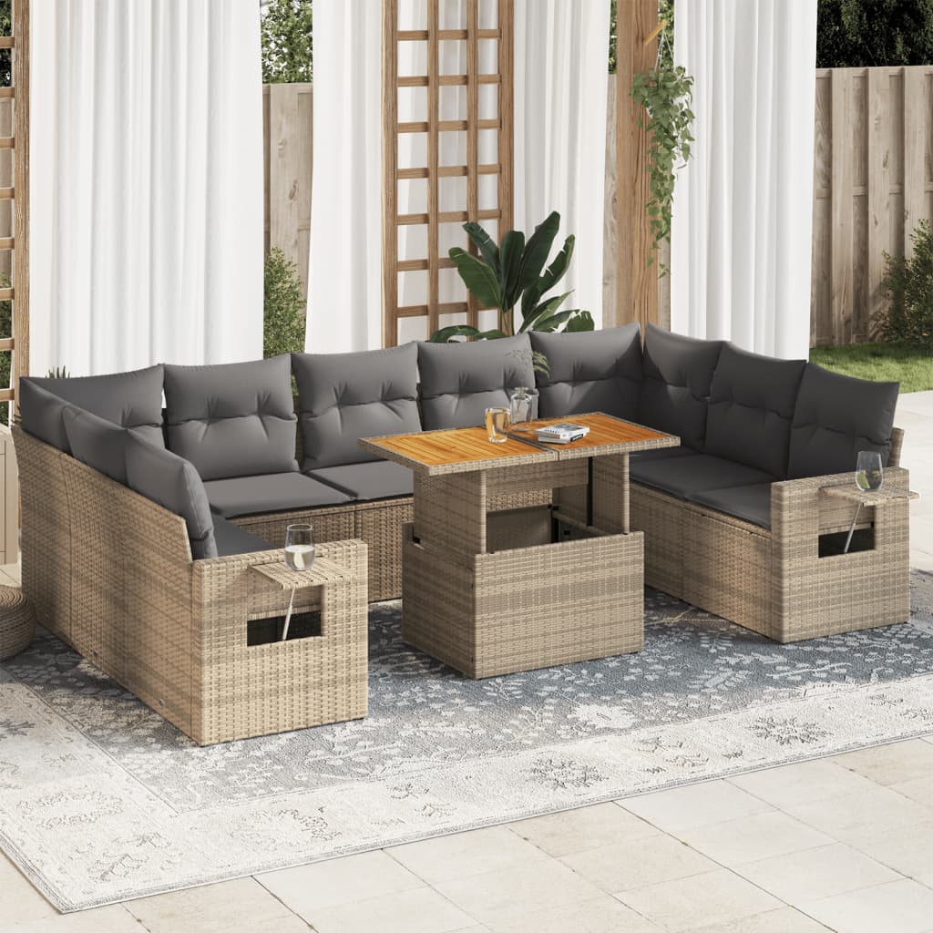 vidaXL 10-tlg. Garten-Sofagarnitur mit Kissen Beige Poly Rattan