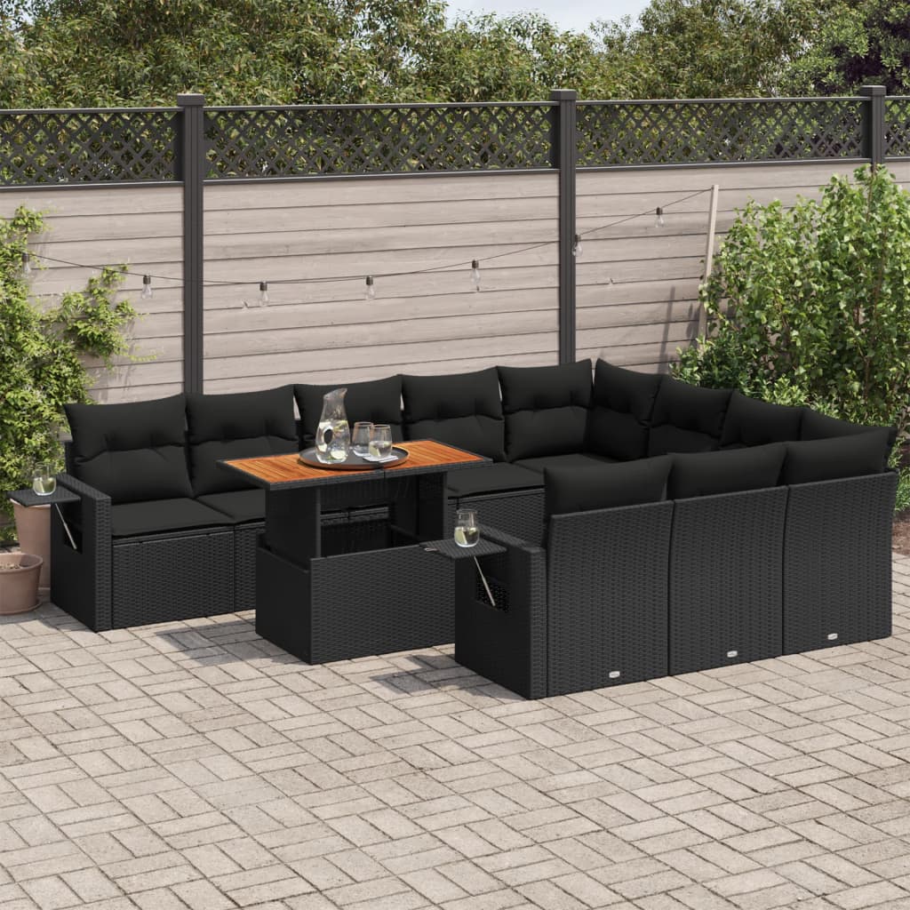 vidaXL 11-tlg. Garten-Sofagarnitur mit Kissen Schwarz Poly Rattan