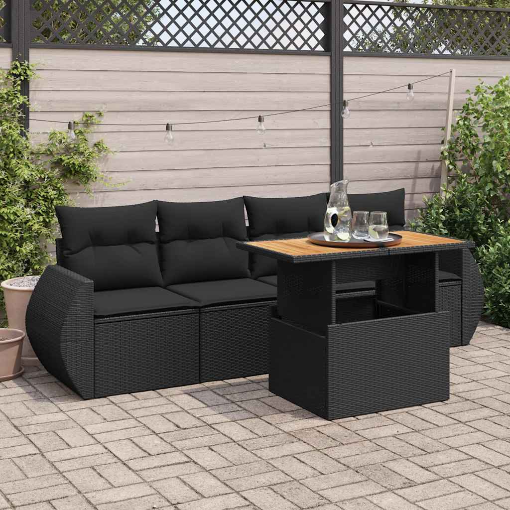 vidaXL Set mobilier de grădină cu perne, 5 piese, negru, poliratan