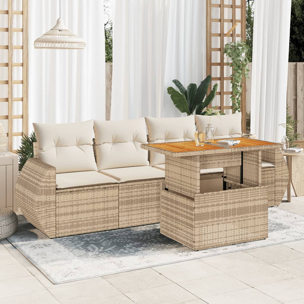 vidaXL 5-tlg. Garten-Sofagarnitur mit Kissen Beige Poly Rattan