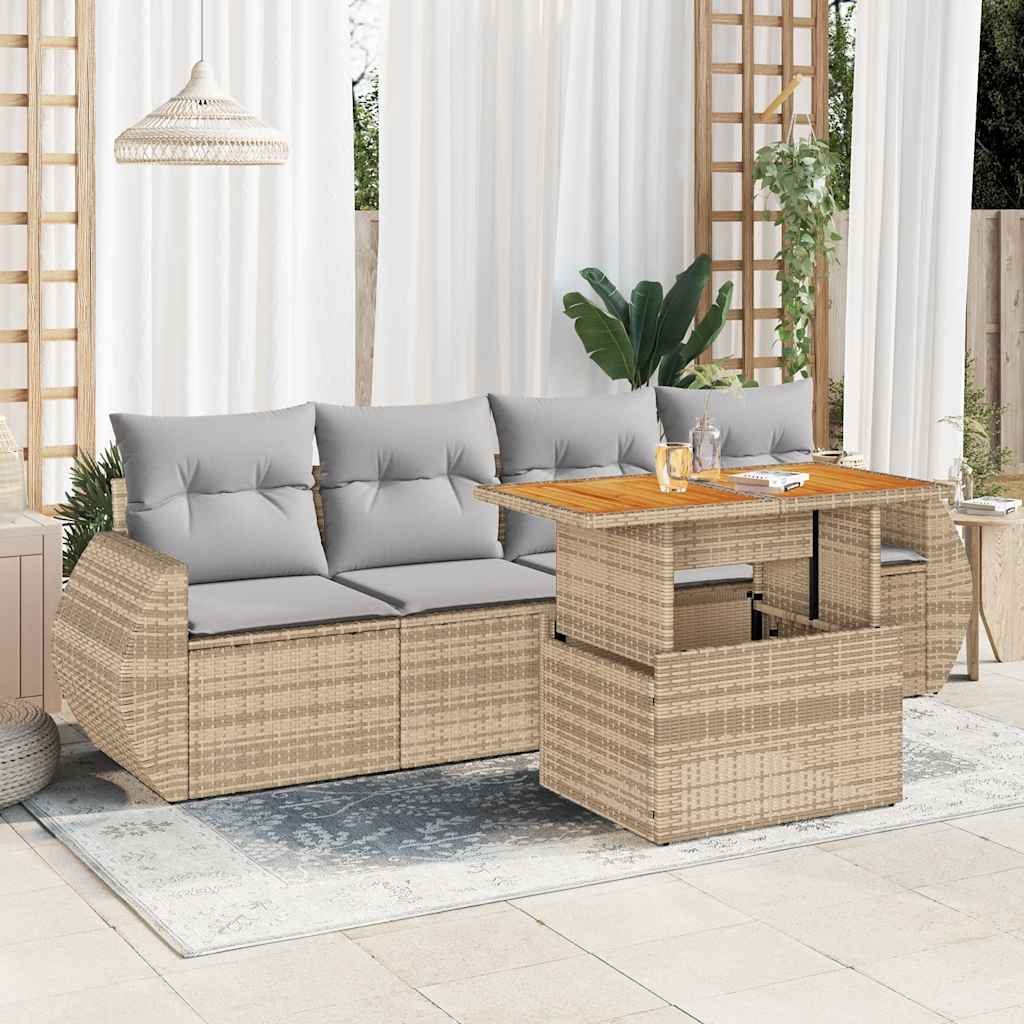 vidaXL 5-tlg. Garten-Sofagarnitur mit Kissen Beige Poly Rattan