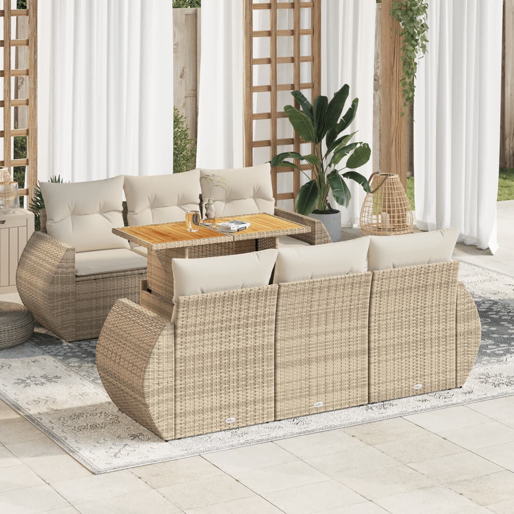 vidaXL 7-tlg. Garten-Sofagarnitur mit Kissen Beige Poly Rattan