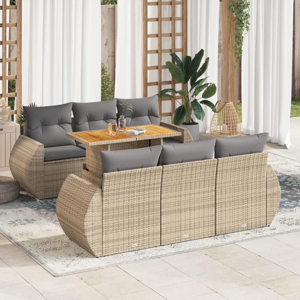 7-tlg. Garten-Sofagarnitur mit Kissen Beige Poly Rattan