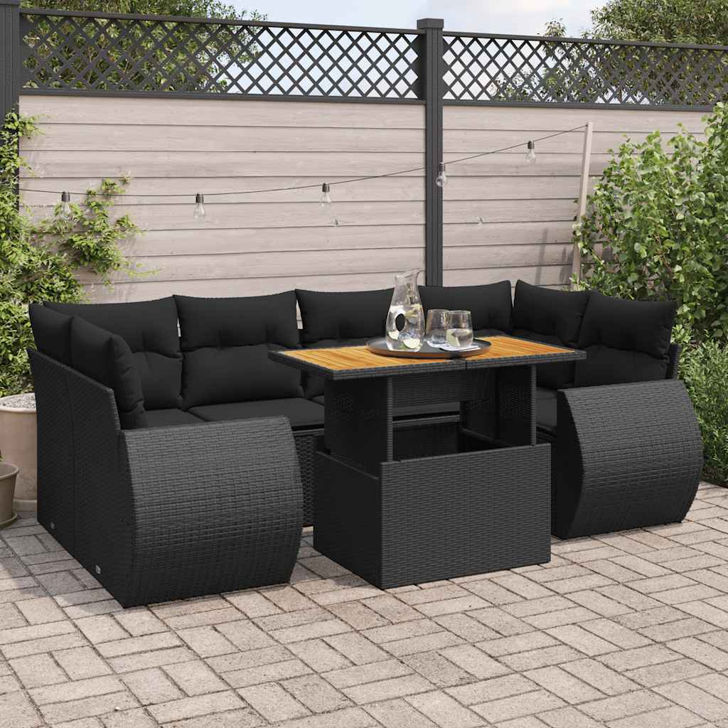 vidaXL 7-tlg. Garten-Sofagarnitur mit Kissen Schwarz Poly Rattan