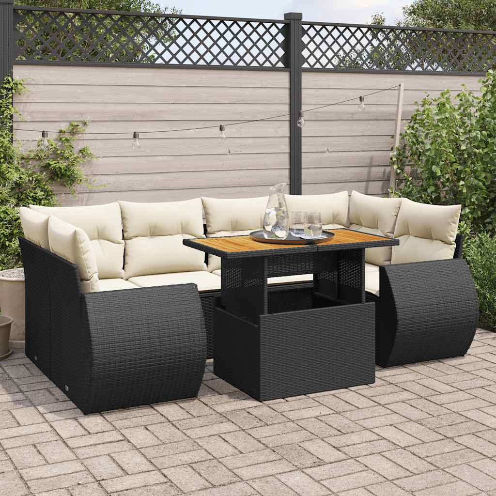 vidaXL 7-tlg. Garten-Sofagarnitur mit Kissen Schwarz Poly Rattan