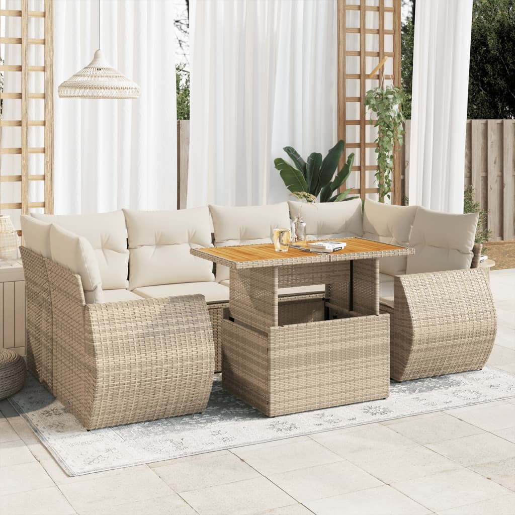 vidaXL 7-tlg. Garten-Sofagarnitur mit Kissen Beige Poly Rattan