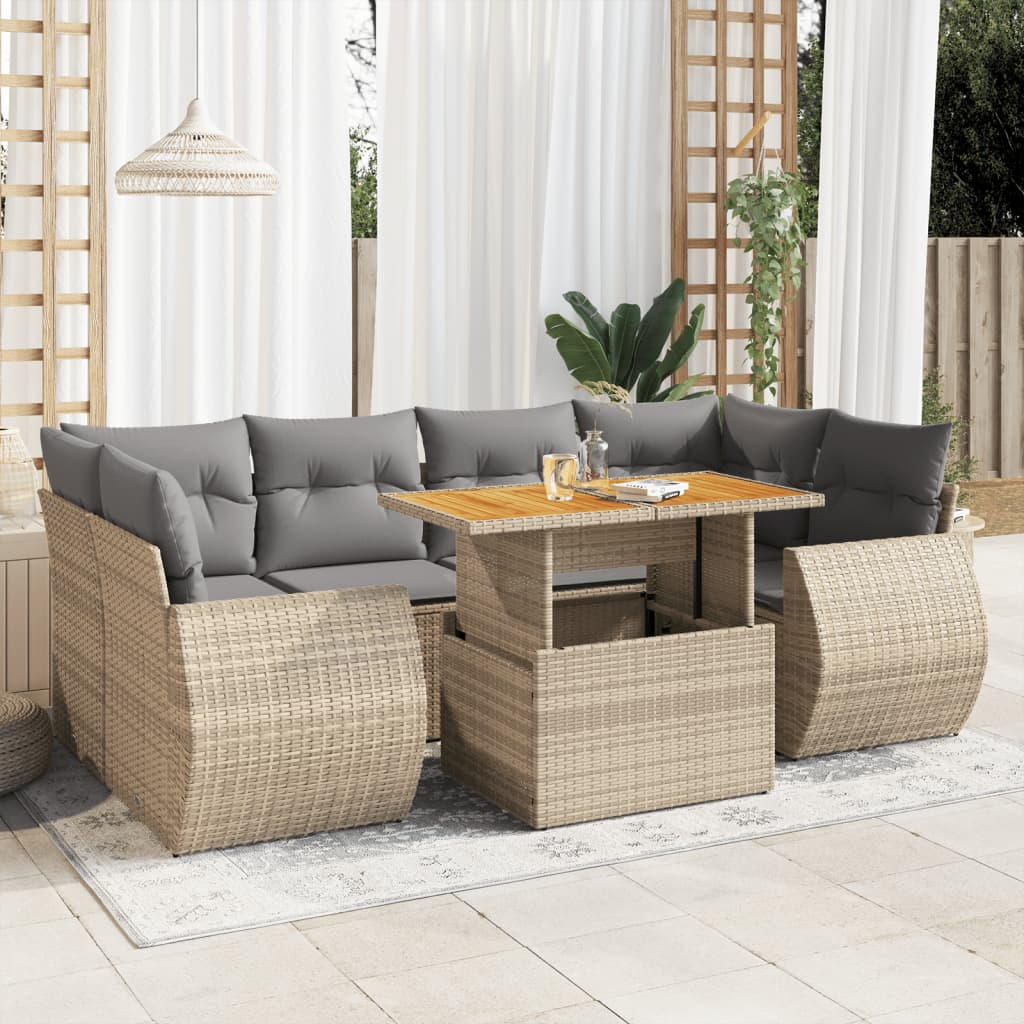 vidaXL 7-tlg. Garten-Sofagarnitur mit Kissen Beige Poly Rattan