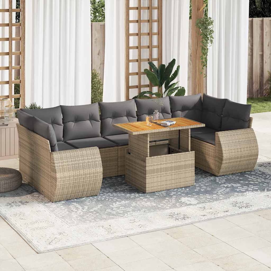 vidaXL 8-tlg. Garten-Sofagarnitur mit Kissen Beige Poly Rattan