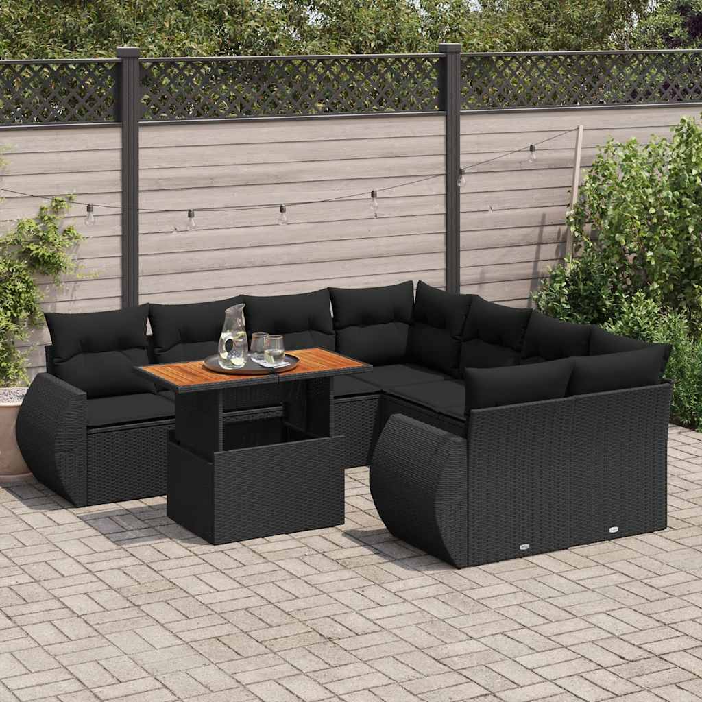 vidaXL Set mobilier de grădină cu perne, 9 piese, negru, poliratan