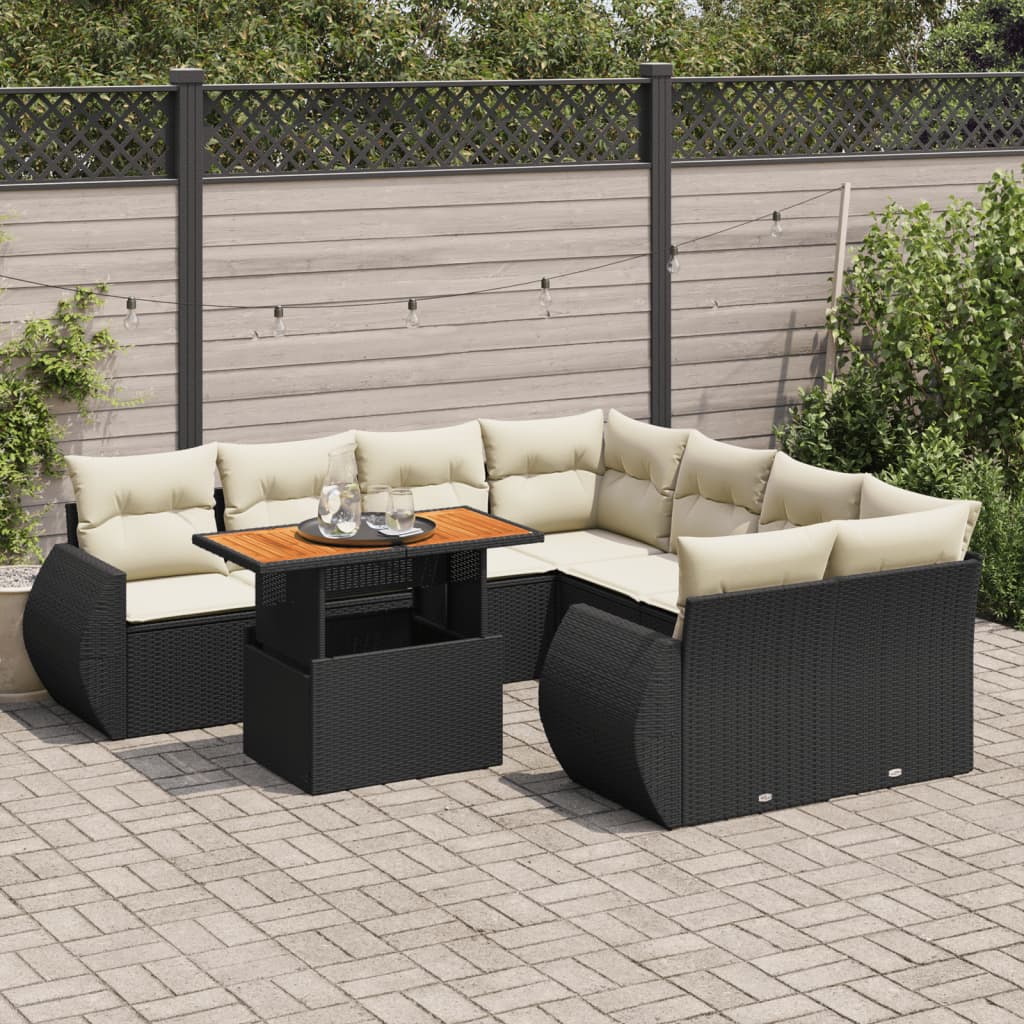 vidaXL 9-tlg. Garten-Sofagarnitur mit Kissen Schwarz Poly Rattan