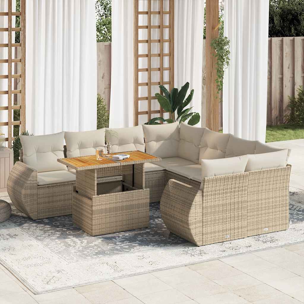 vidaXL 9-tlg. Garten-Sofagarnitur mit Kissen Beige Poly Rattan