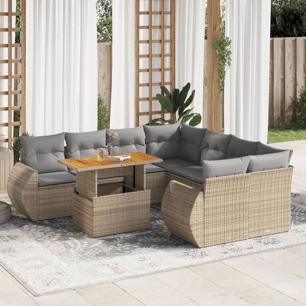 vidaXL 9-tlg. Garten-Sofagarnitur mit Kissen Beige Poly Rattan