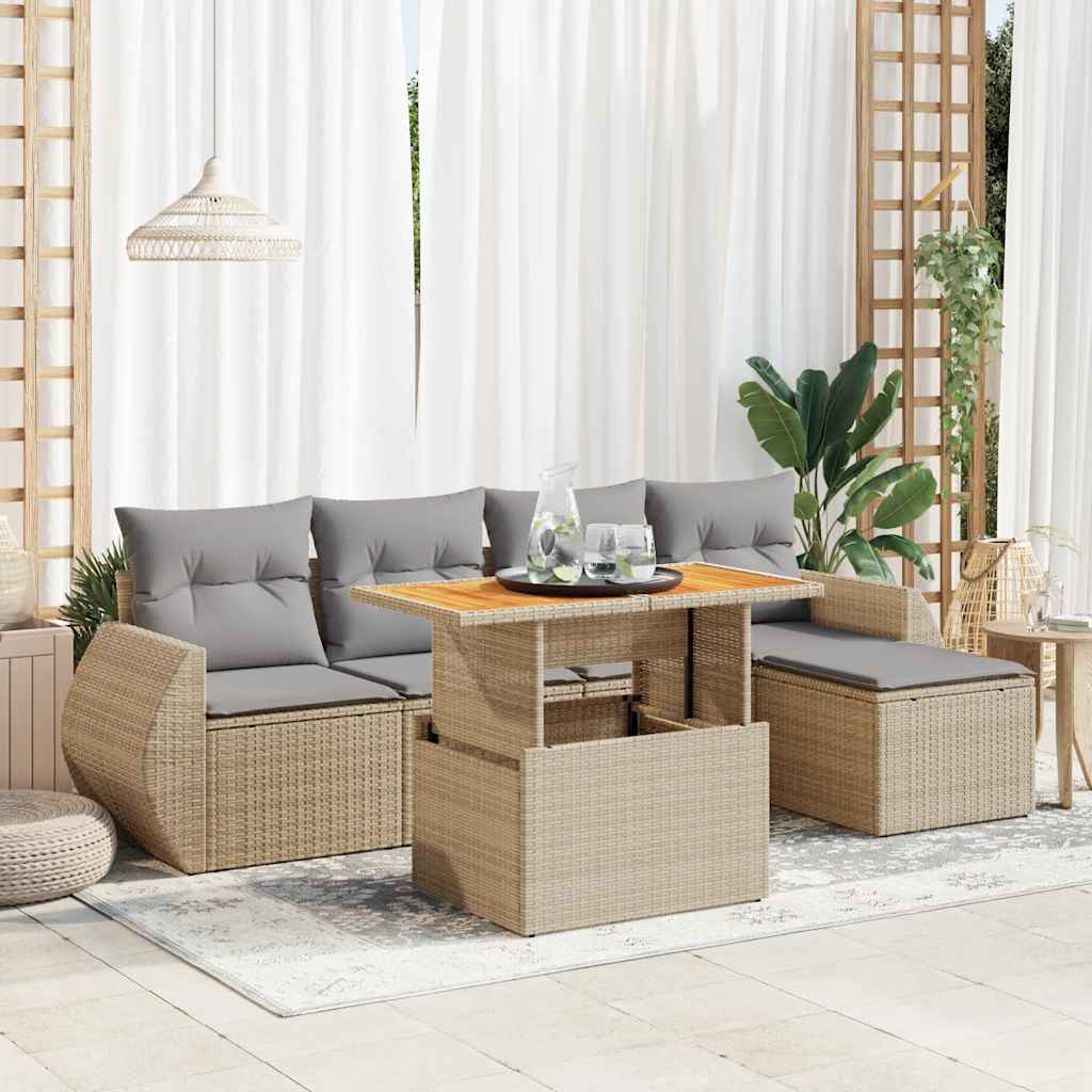 vidaXL 6-tlg. Garten-Sofagarnitur mit Kissen Beige Poly Rattan