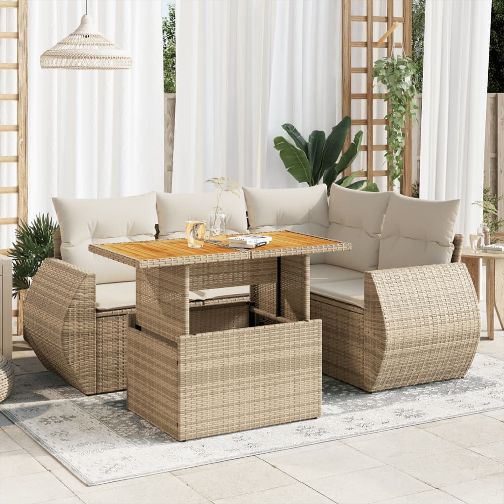 vidaXL 5-tlg. Garten-Sofagarnitur mit Kissen Beige Poly Rattan