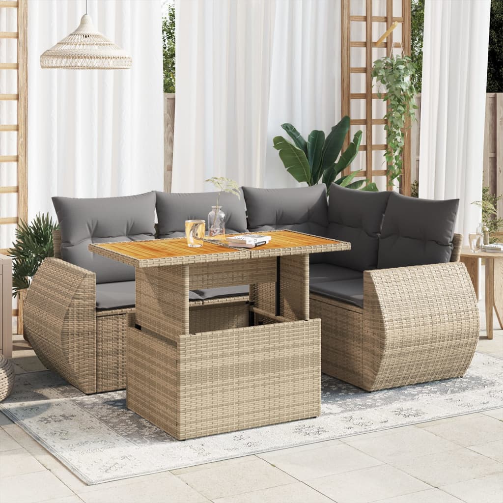 vidaXL 5-tlg. Garten-Sofagarnitur mit Kissen Beige Poly Rattan