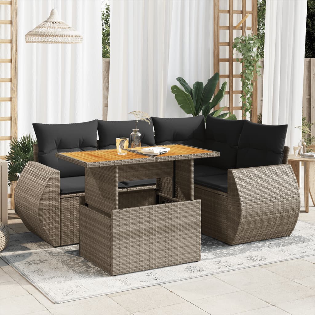 vidaXL 5-tlg. Garten-Sofagarnitur mit Kissen Grau Poly Rattan