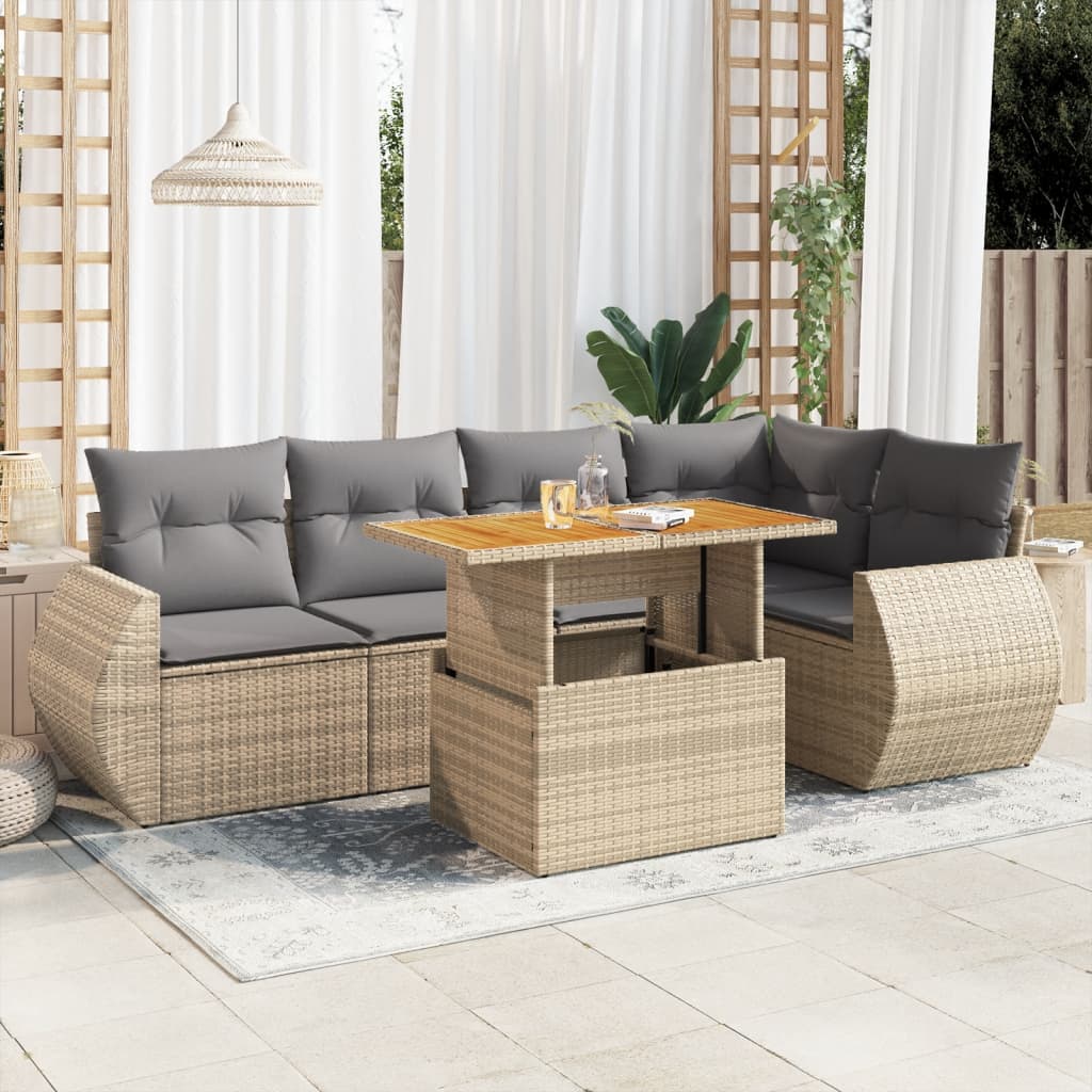 vidaXL 6-tlg. Garten-Sofagarnitur mit Kissen Beige Poly Rattan