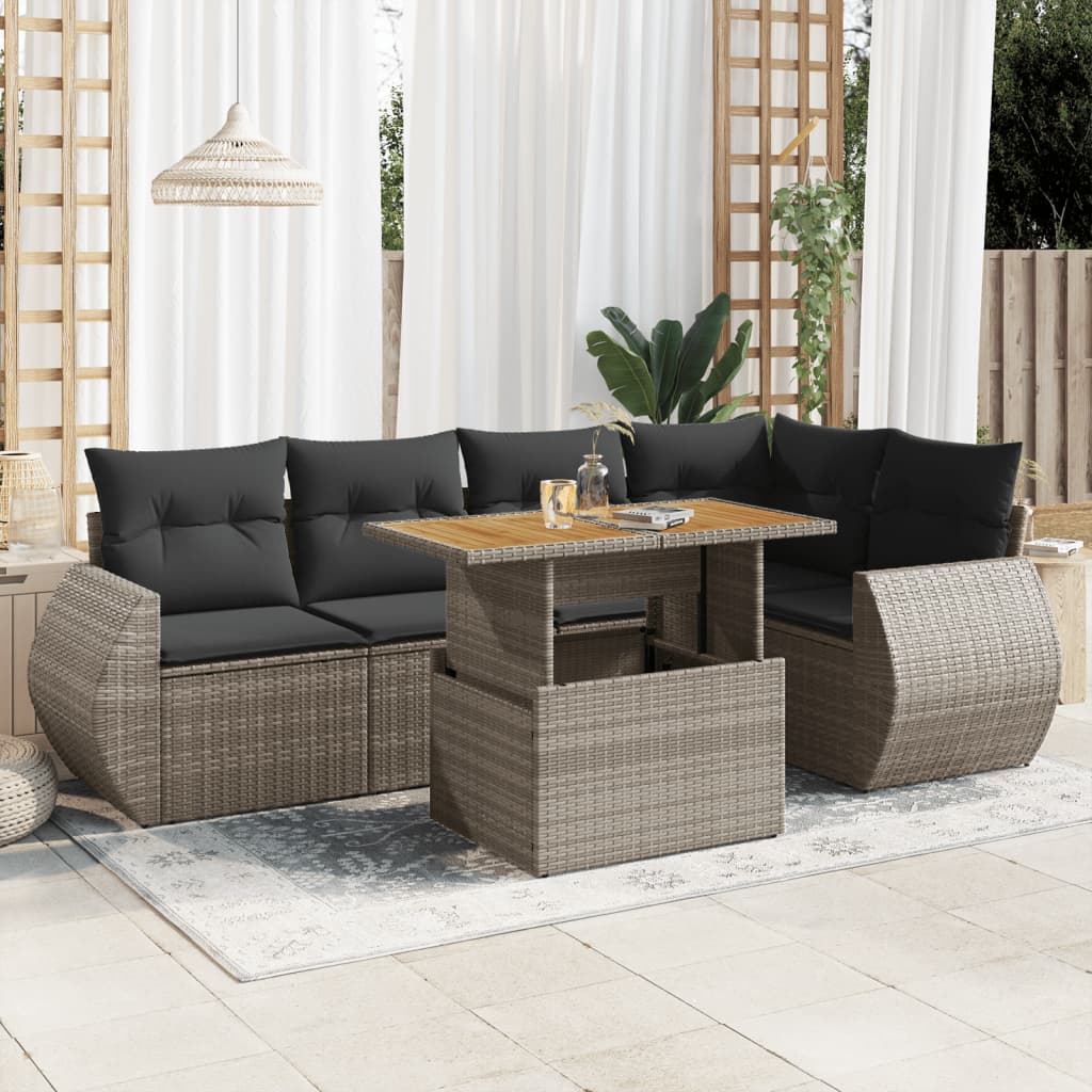 vidaXL 6-tlg. Garten-Sofagarnitur mit Kissen Grau Poly Rattan