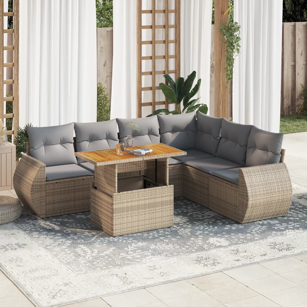 vidaXL 7-tlg. Garten-Sofagarnitur mit Kissen Beige Poly Rattan