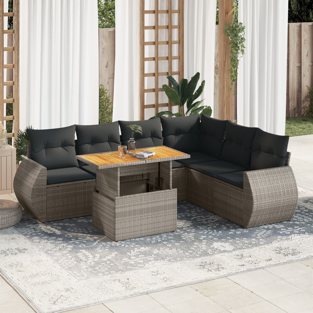 vidaXL 7-tlg. Garten-Sofagarnitur mit Kissen Grau Poly Rattan