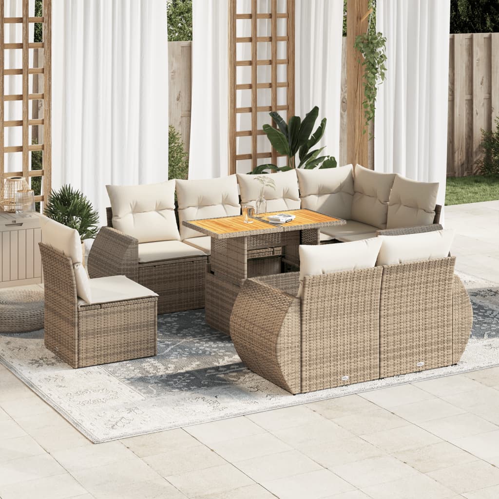 vidaXL 9-tlg. Garten-Sofagarnitur mit Kissen Beige Poly Rattan