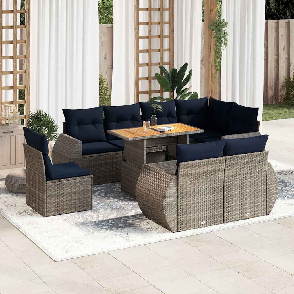 Sofasæt til haven i polyrattan - 9 dele med marineblå hynder, grå