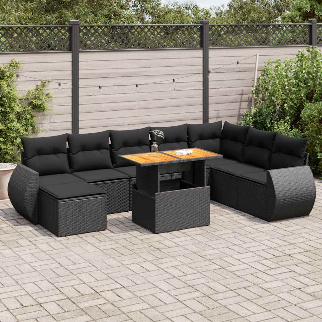 vidaXL Set mobilier de grădină cu perne, 9 piese, negru, poliratan