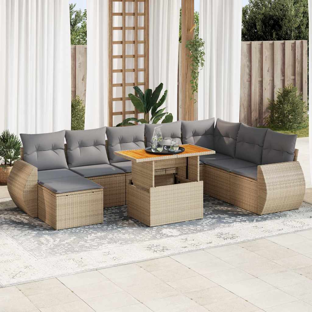vidaXL Set canapele de grădină, 9 piese, cu perne, bej, poliratan