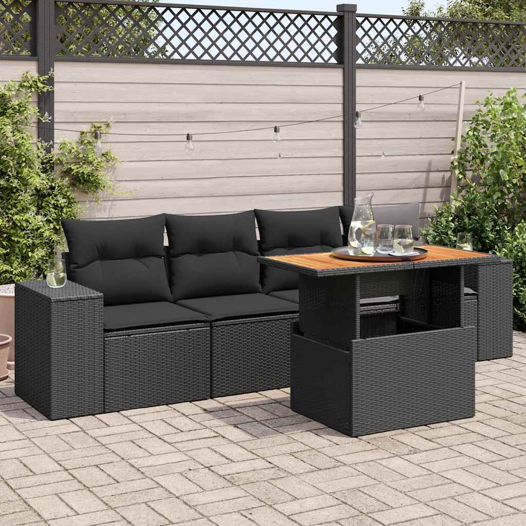 vidaXL Set mobilier de grădină cu perne, 5 piese, negru, poliratan