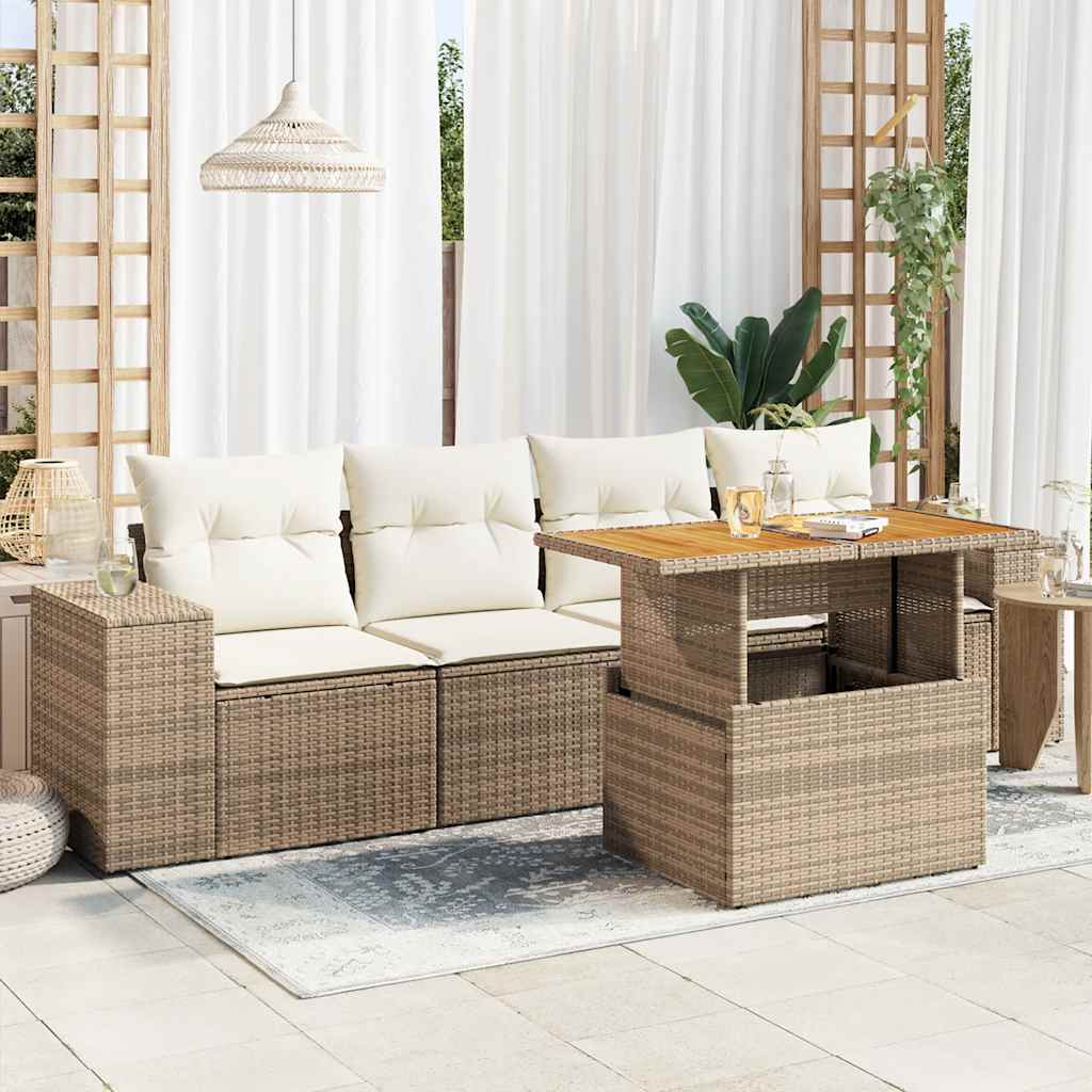 vidaXL 5-tlg. Garten-Sofagarnitur mit Kissen Beige Poly Rattan