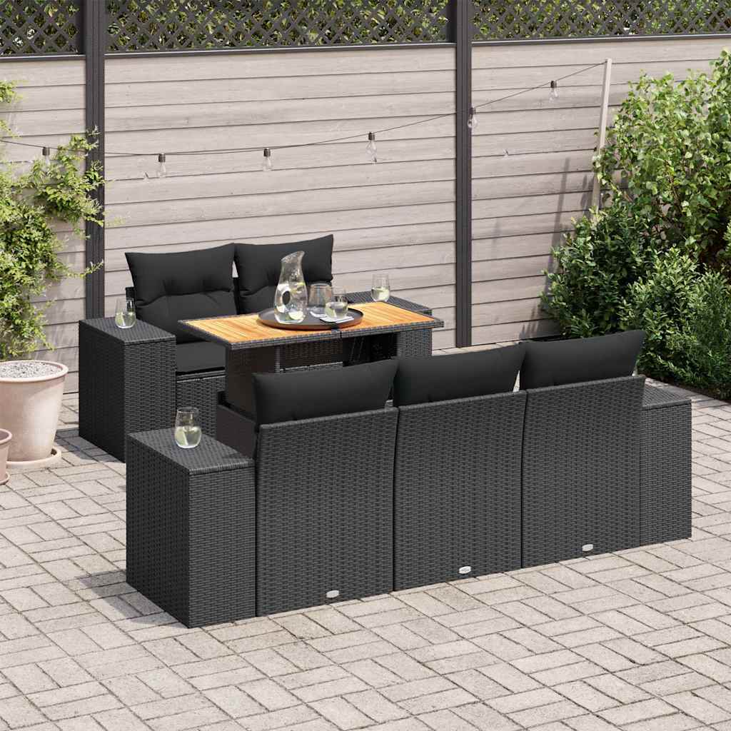 vidaXL 6-tlg. Garten-Sofagarnitur mit Kissen Schwarz Poly Rattan