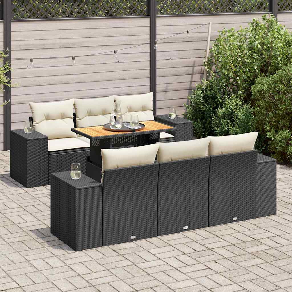 vidaXL 7-tlg. Garten-Sofagarnitur mit Kissen Schwarz Poly Rattan