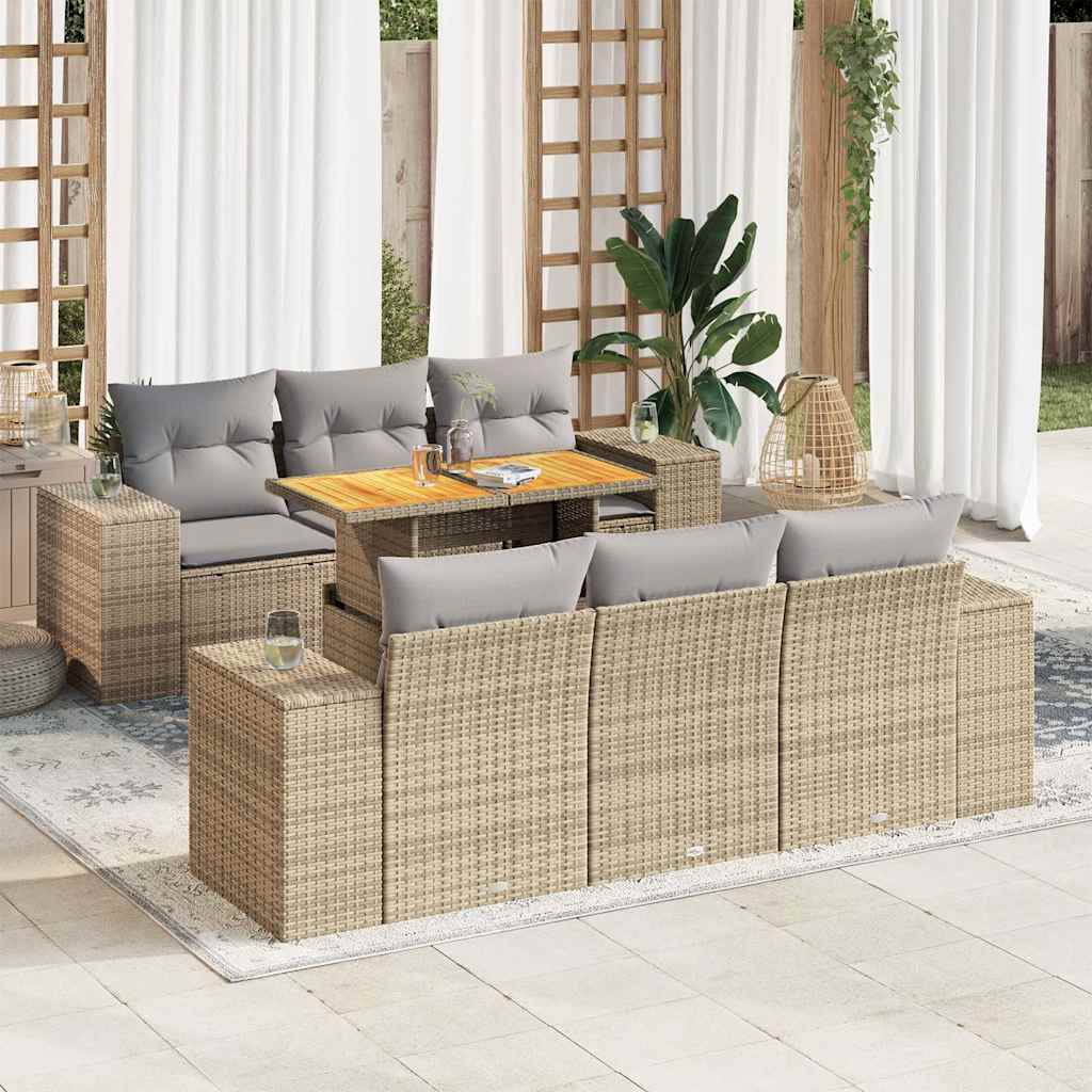 vidaXL 7-tlg. Garten-Sofagarnitur mit Kissen Beige Poly Rattan