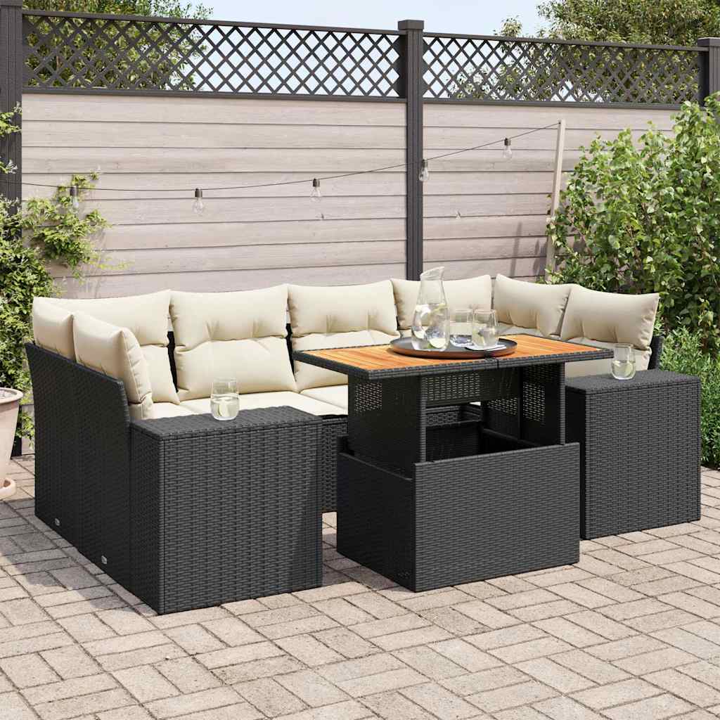 vidaXL 7-tlg. Garten-Sofagarnitur mit Kissen Schwarz Poly Rattan